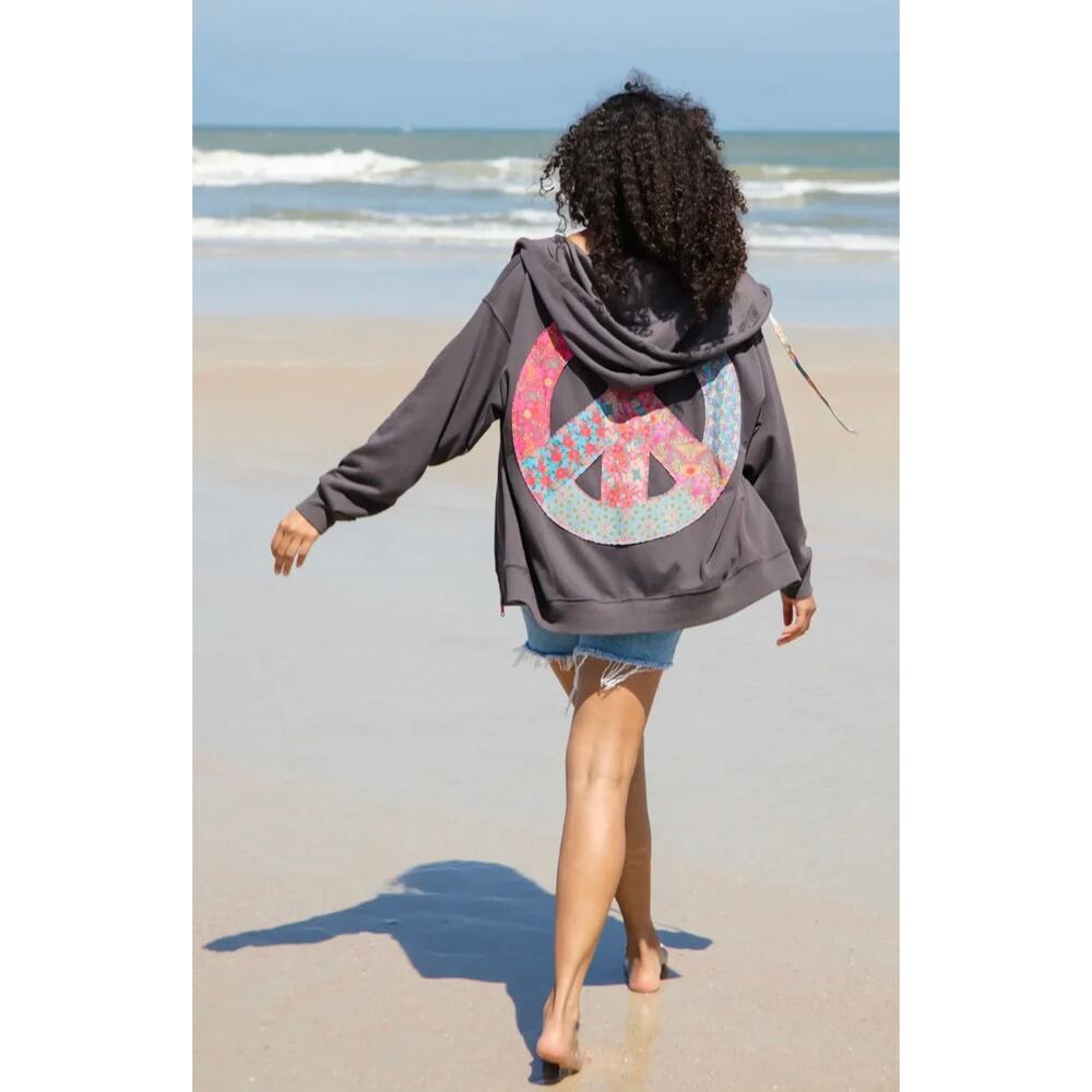 NATURAL LIFE Charcoal Hoodie with Pastel Multicolor Peace Sign